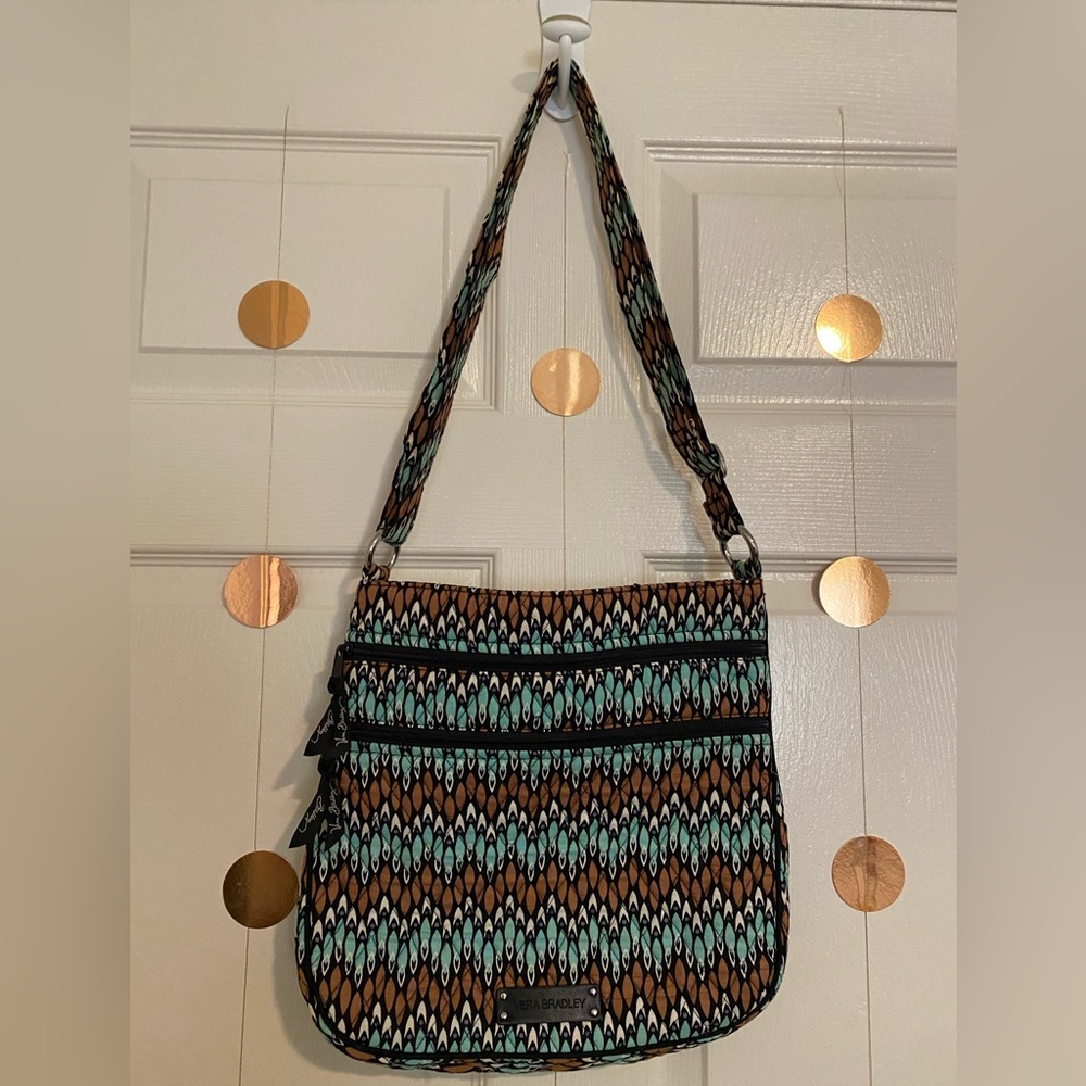 ⭐️VERA BRADLEY SIERRA STREAM BROWN & AQUA CROSSBODY HIPSTER BAG / PURSE